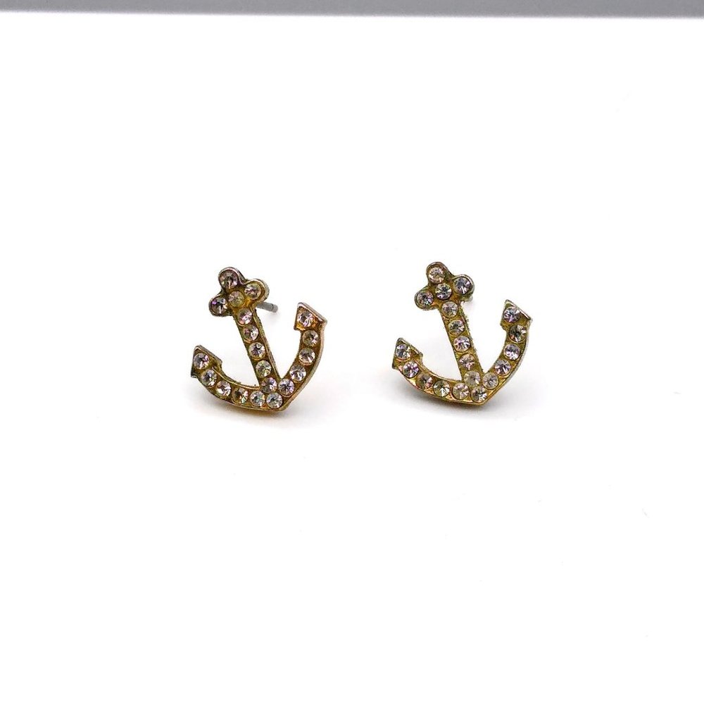 Vintage Pave Anchor Earrings, Gold Tone Nautical Crystal Studs
